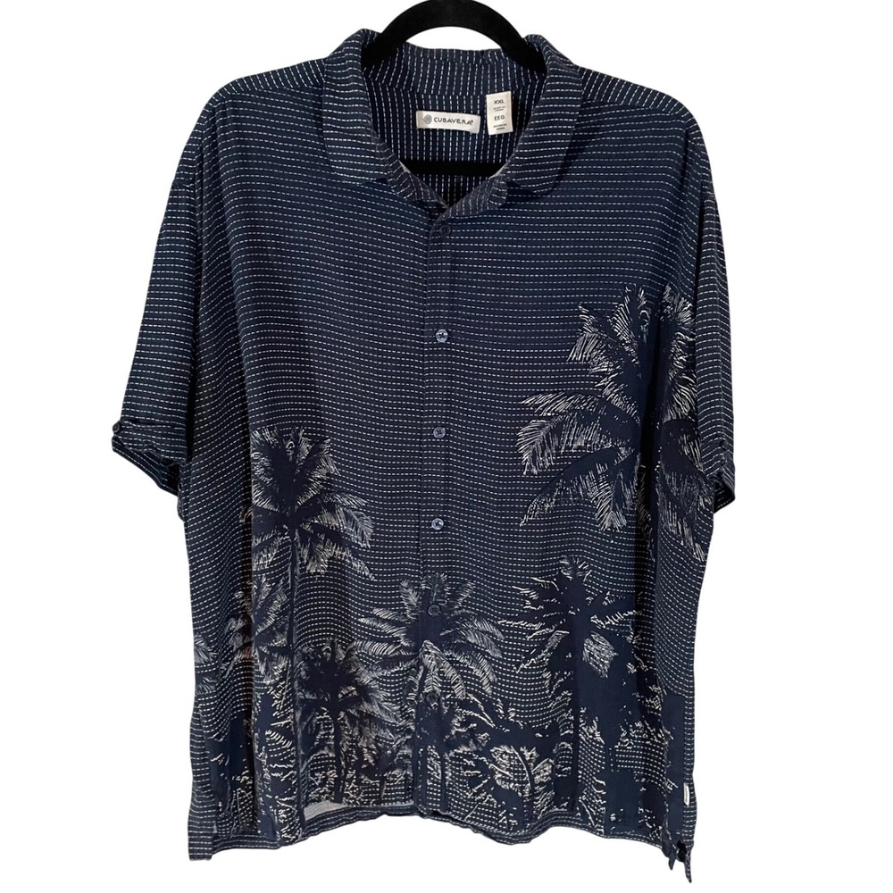Cubavera Mens XXL Navy Blue Palm Tree Dash Stripe Viscose Short Sleeve Shirt